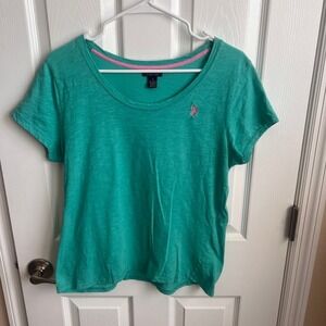 US Polo Assn‎ Womens T-Shirt Pink Pony Logo Green Scoop Neck Casual Top L